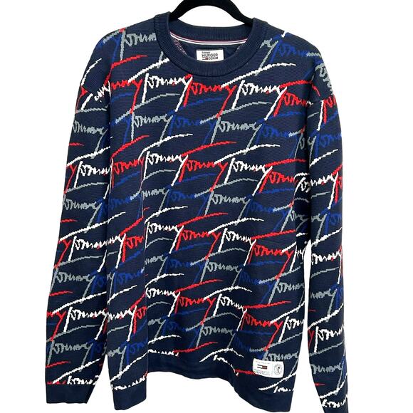 Vintage Tommy Hilfiger All Over Script Crew Sweater L 90s USA Streetwear Rare - Picture 2 of 13